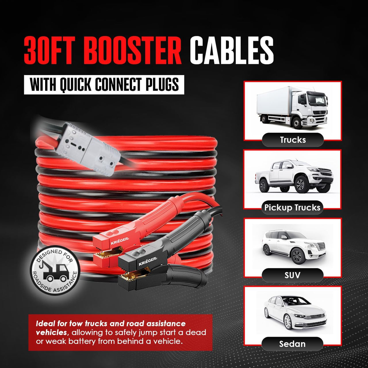 Krieger 2 Gauge 30FT 1000A Heavy Duty Jumper Cables with Quick Connect - KRB230