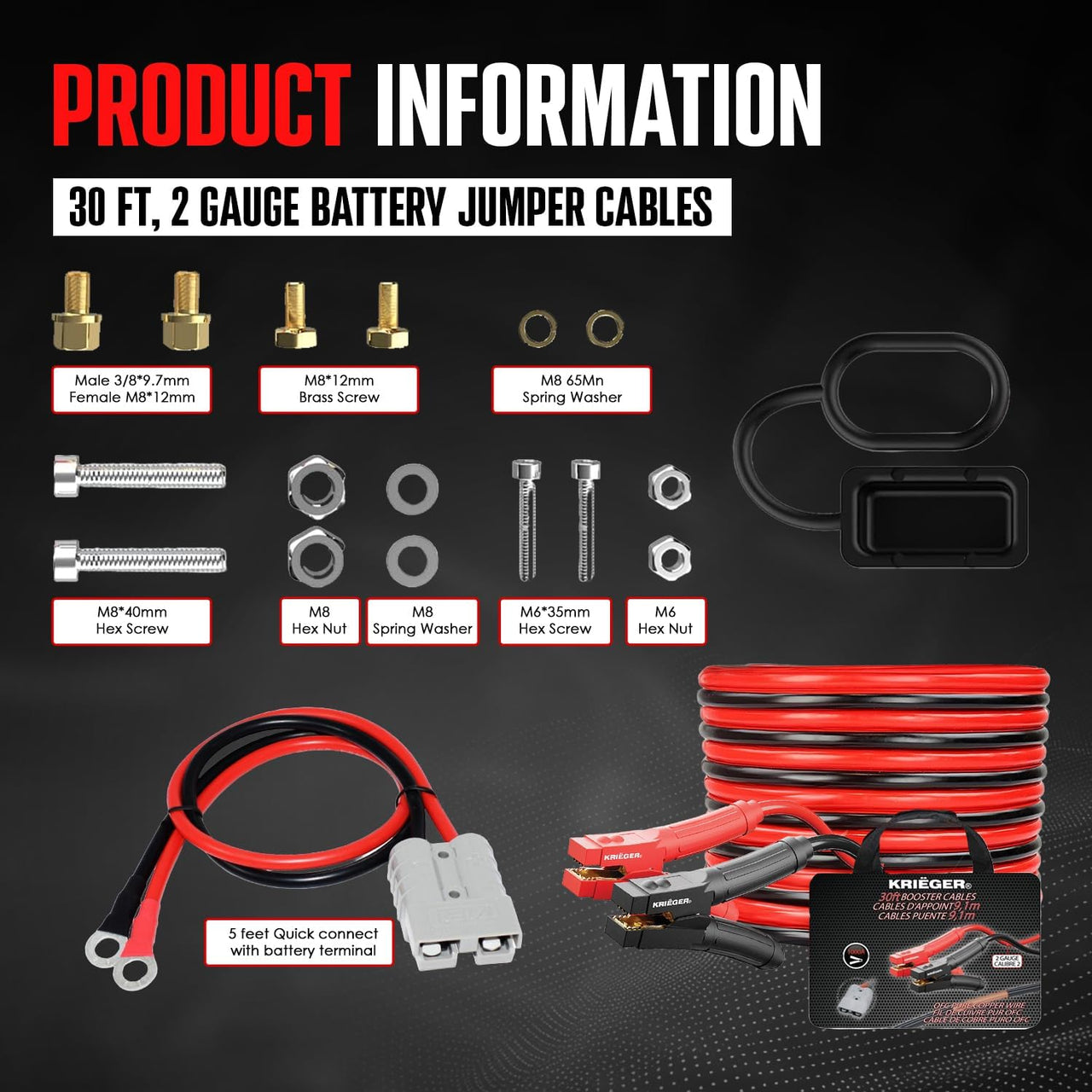 Krieger 2 Gauge 30FT 1000A Heavy Duty Jumper Cables with Quick Connect - KRB230