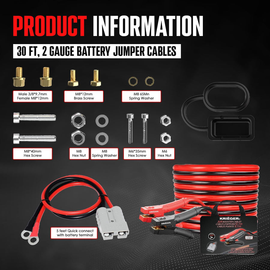Krieger 2 Gauge 30FT 1000A Heavy Duty Jumper Cables with Quick Connect - KRB230