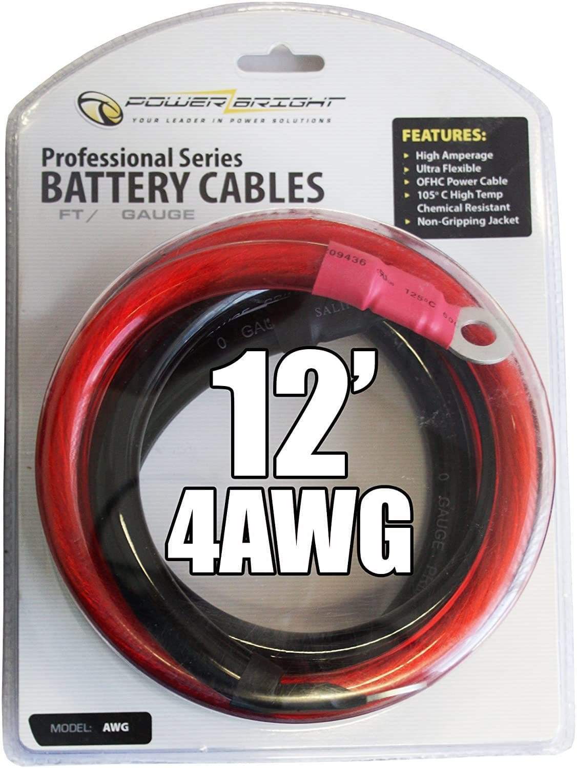 Power Bright 4 AWG 12FT Pure Copper Battery Cables - 4AWG12