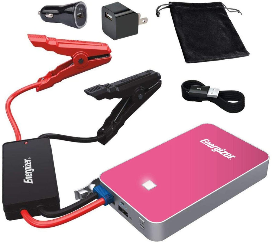 Energizer Heavy Duty Jump Starter 7500mAh with Built-In UL Lithium Battery - Portable Car Jumper and 2.4A Power Bank USB Charger (Pink) - Jump-Starters.com roadside assistance store
