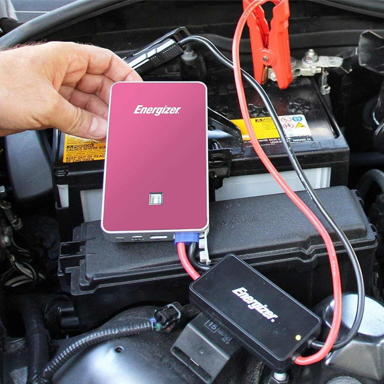 Energizer Heavy Duty Jump Starter 7500mAh with Built-In UL Lithium Battery - Portable Car Jumper and 2.4A Power Bank USB Charger (Pink) - Jump-Starters.com roadside assistance store