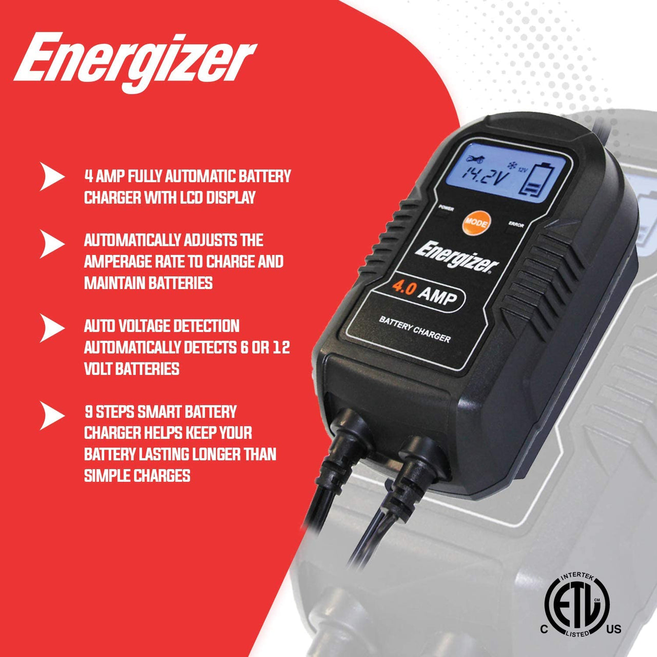Energizer 6V/12V 4A Trickle Battery Charger & Maintainer - ENC4A