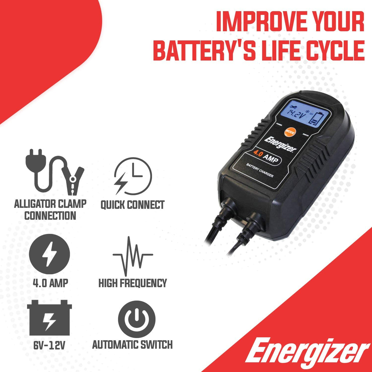 Energizer 6V/12V 4A Trickle Battery Charger & Maintainer - ENC4A
