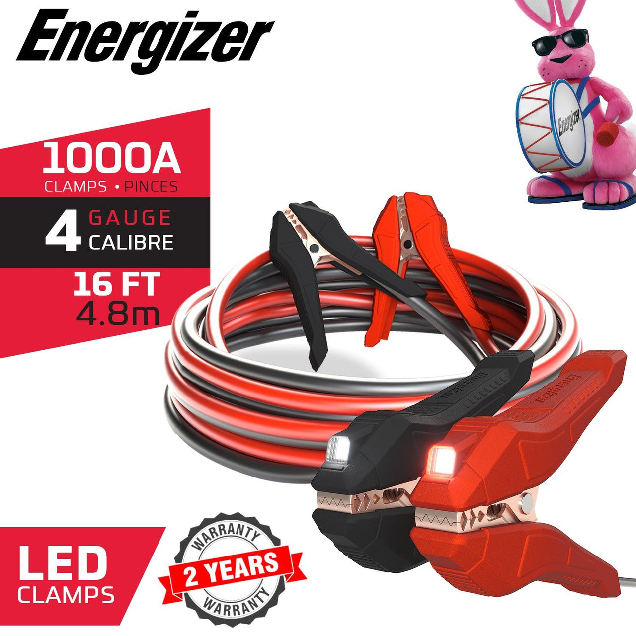 Energizer 4 Gauge 16FT 1000A Heavy Duty Jumper Cables with LED Light - ENL416